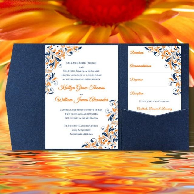 DIY Pocketfold Wedding Invitations quot Kaitlyn quot Orange Navy Blue Printable 