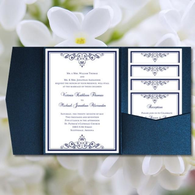 DIY Pocketfold Wedding Invitations quot Vintage quot Navy Blue Printable 