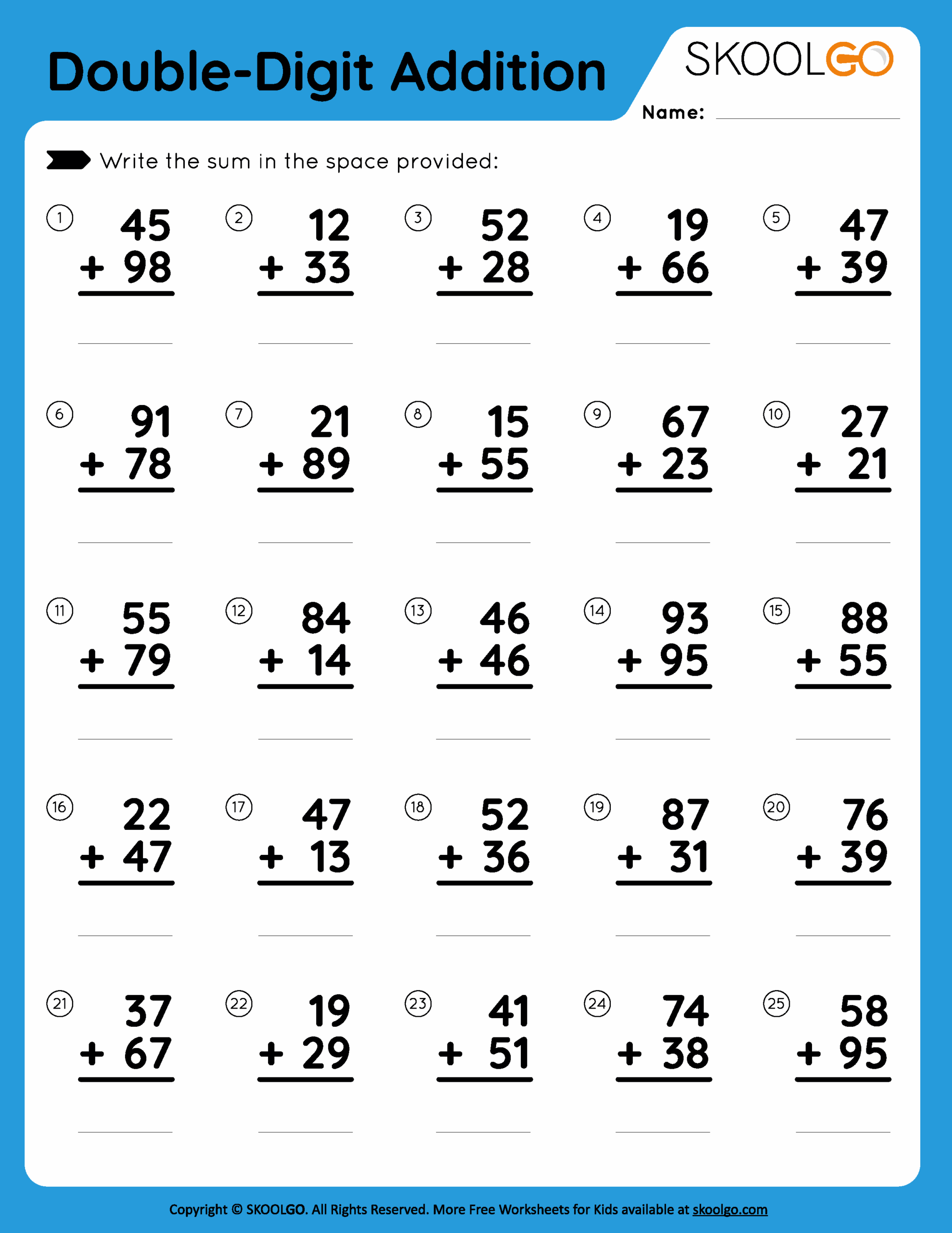 Double Digit Addition Free Worksheet For Kids SKOOLGO Worksheets 