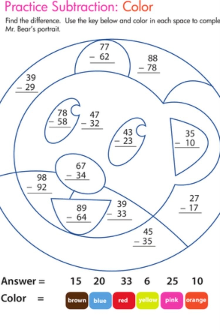 Double Digit Subtraction Coloring Worksheets Subtraction Worksheets
