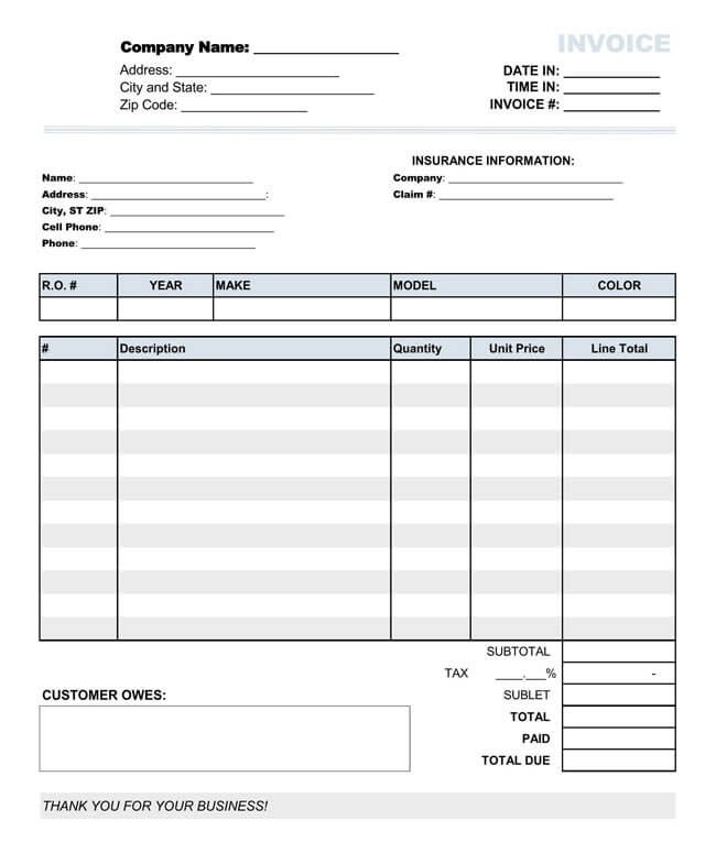 free printable auto repair invoice template