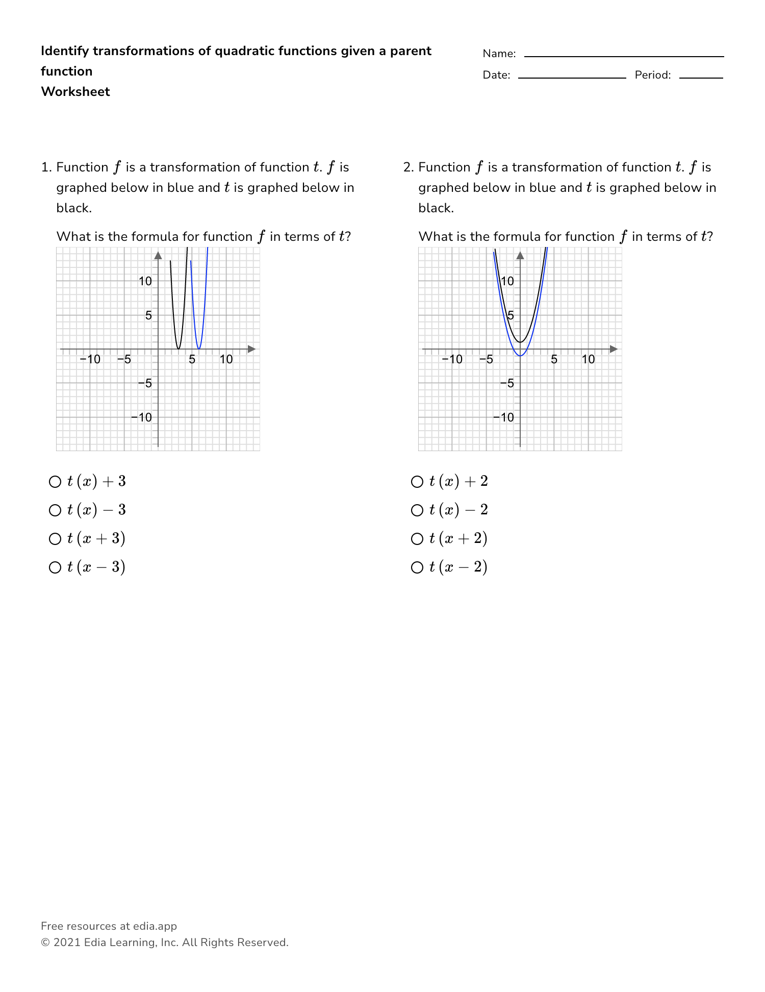 transformations with quadratic functions worksheet