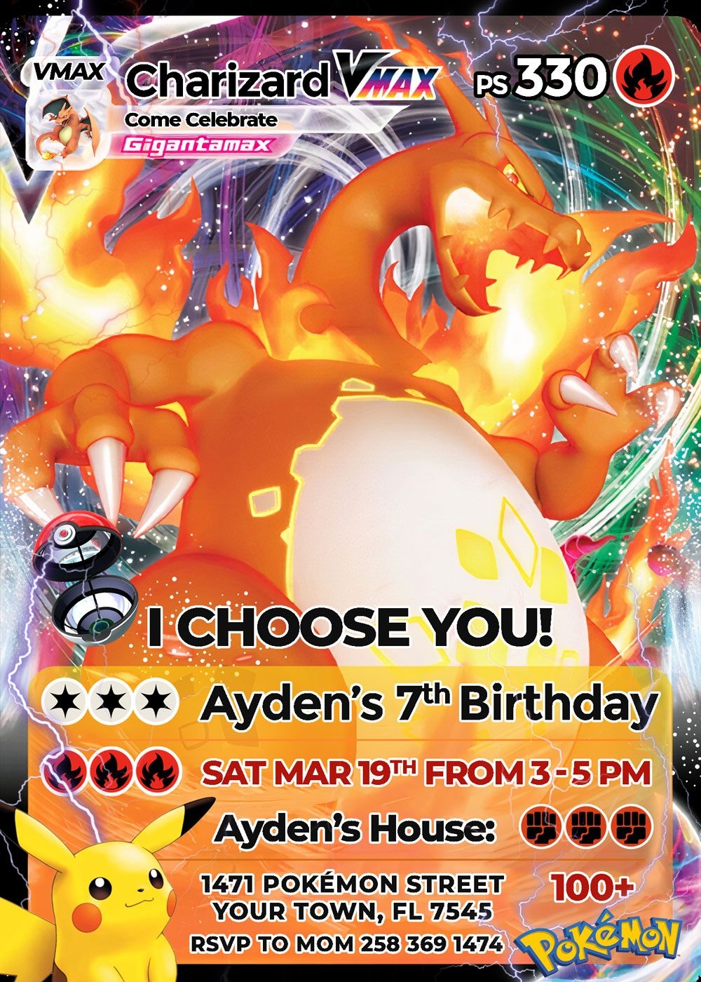 Editable Charizard Pok mon Card Birthday Invitation Template