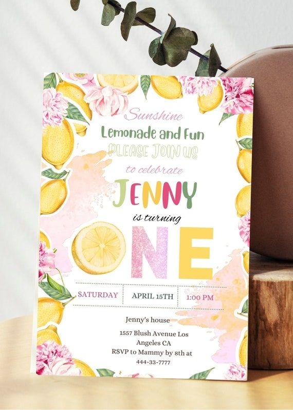 Editable Lemonade Invitation First Birthday Invitation Pink Lemon 