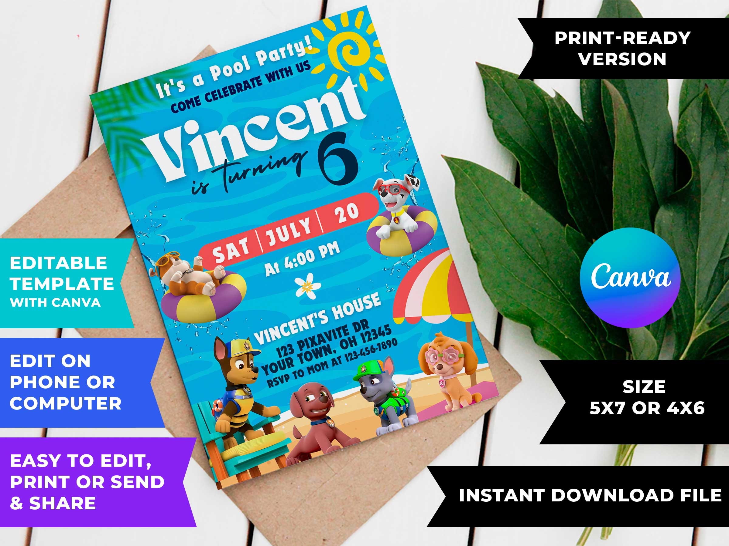 Editable Paw Patrol Pool Party Invitation Template Cute Invite