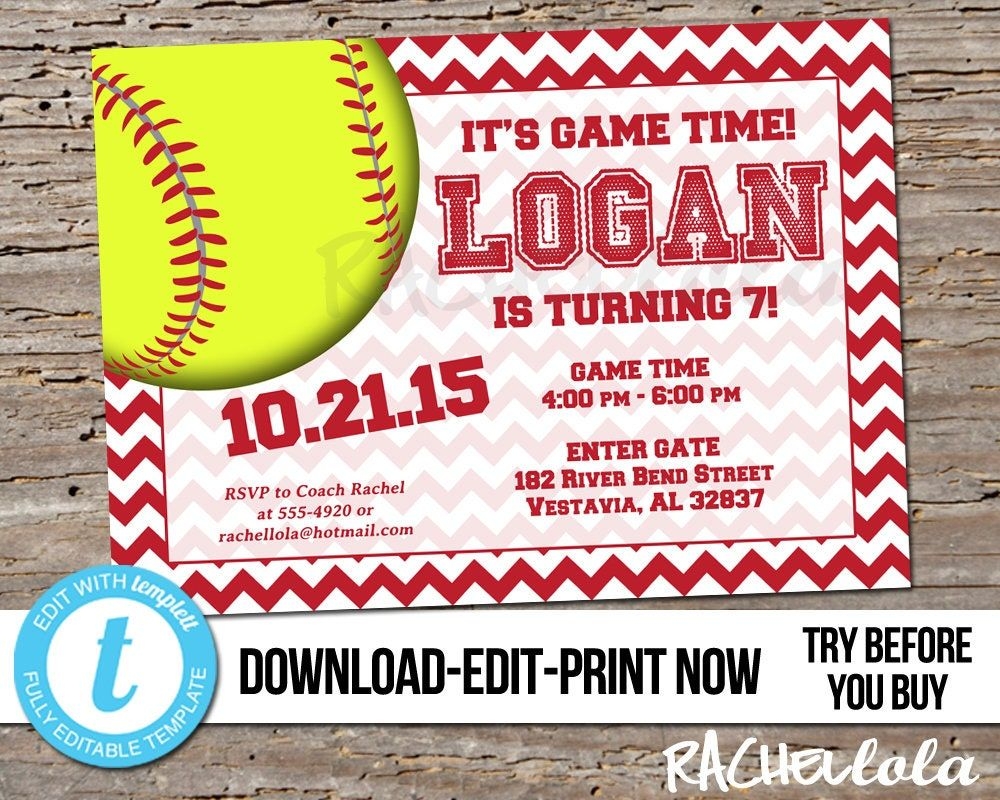 Editable Softball Birthday Party Invitation Printable Etsy Birthday 