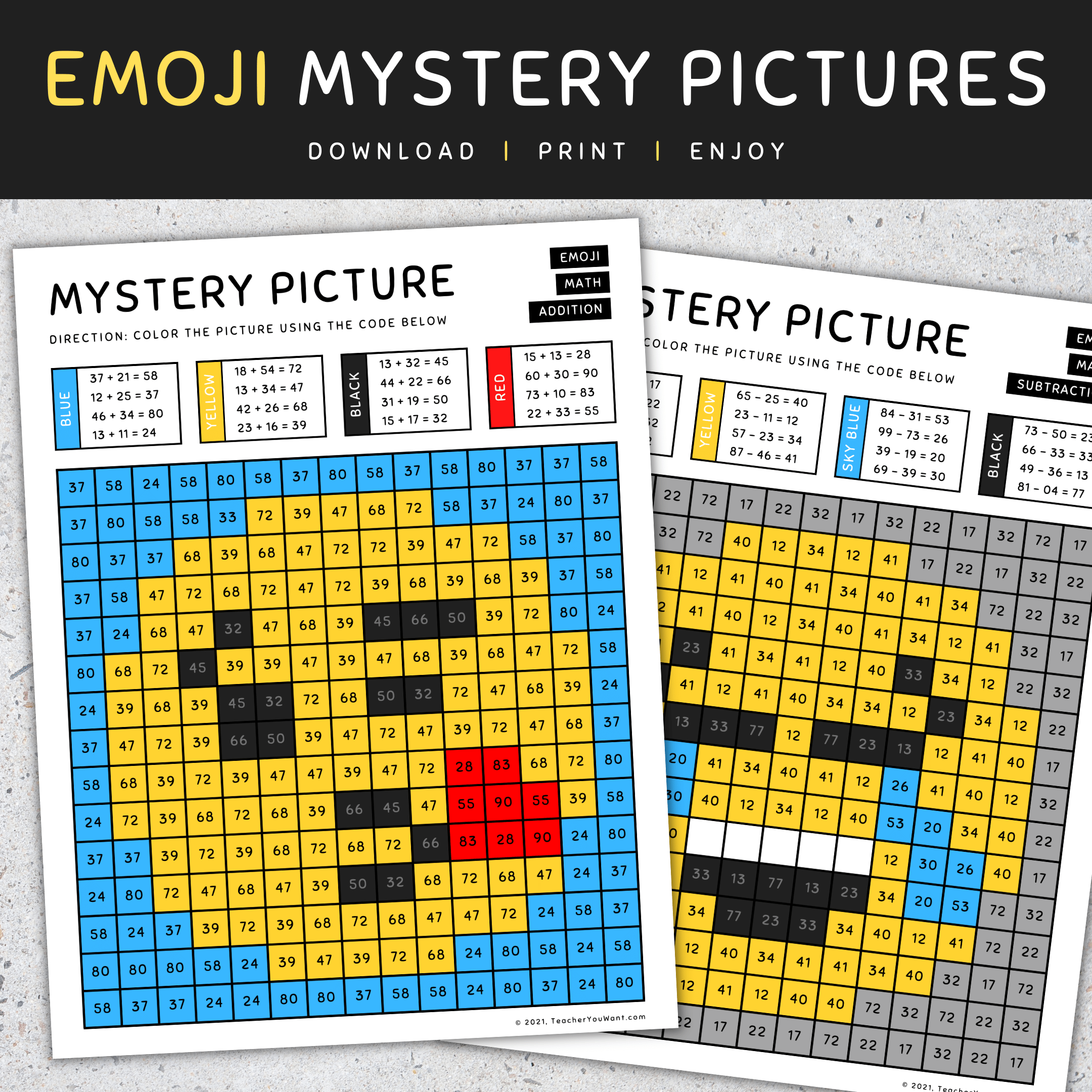 Emoji Mystery Picture Color By Number Addition And Subtraction Made 
