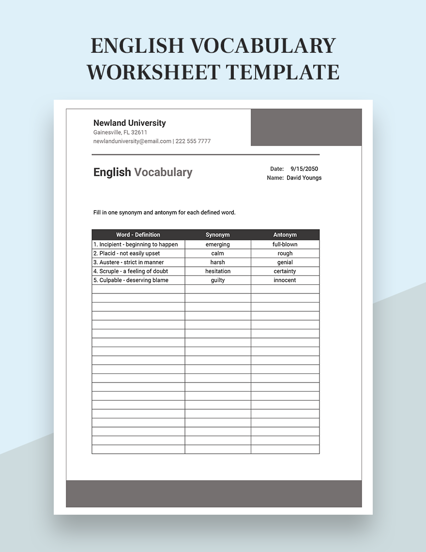 vocabulary worksheet template