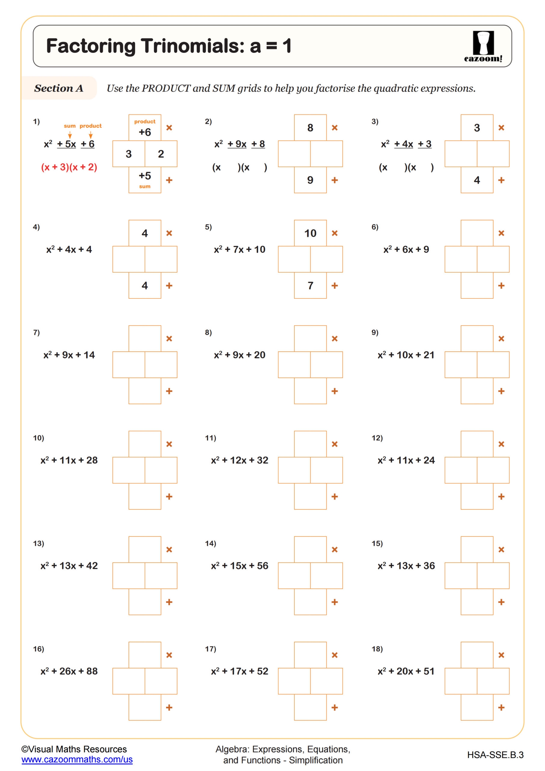 Factoring Trinomials A 1 Cazoom Math Worksheets Worksheets Library