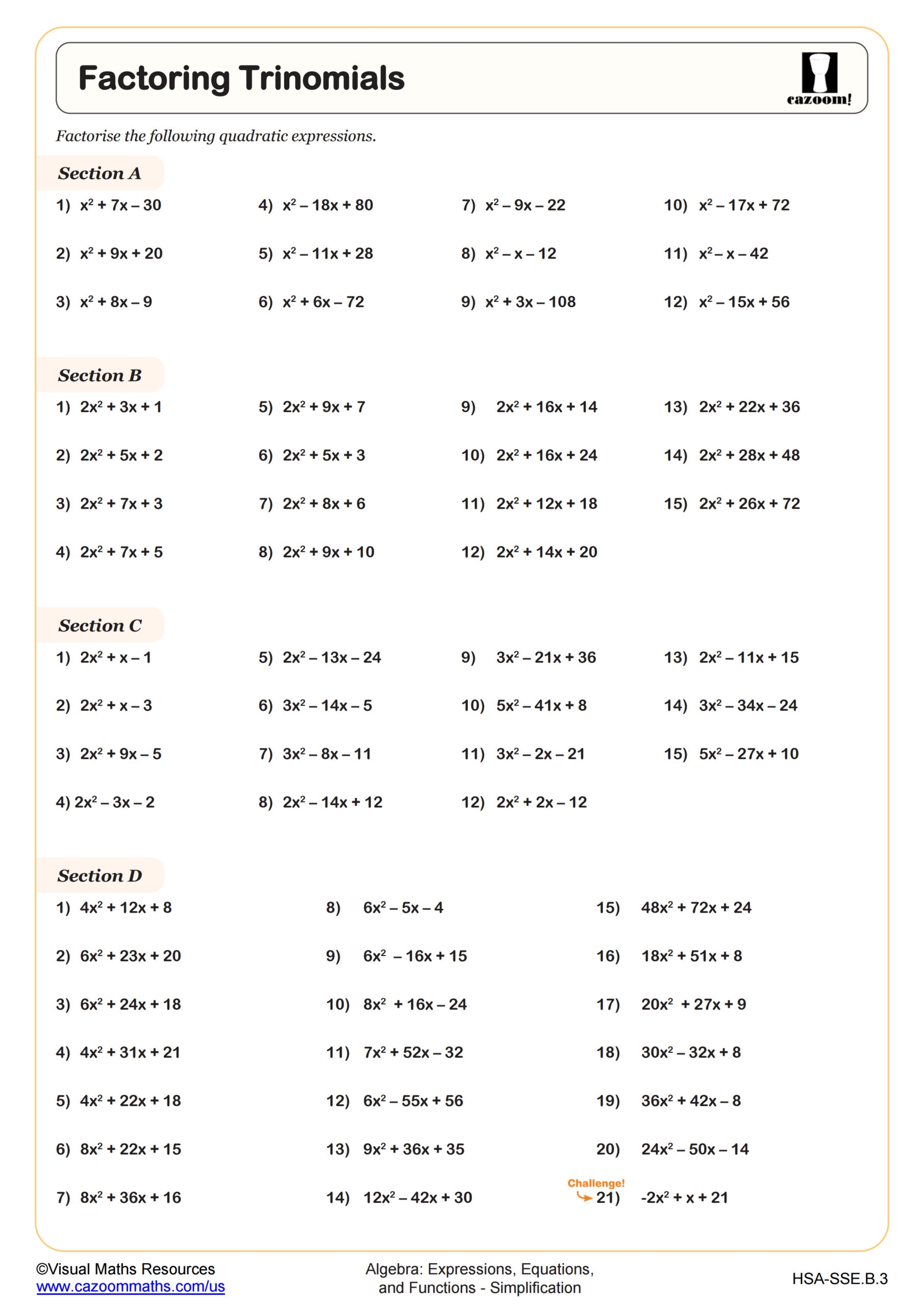 worksheet on factoring