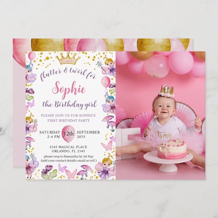 pink and gold 1st birthday invitation template