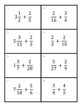 Flash Cards Adding And Subtracting Mixed Numbers And Fractions