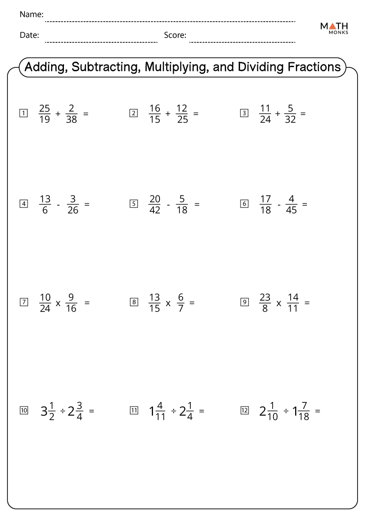 Fractions Addition Subtraction Multiplication Division Worksheet