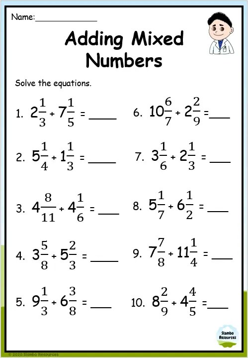 adding mixed numbers with like denominators worksheet
