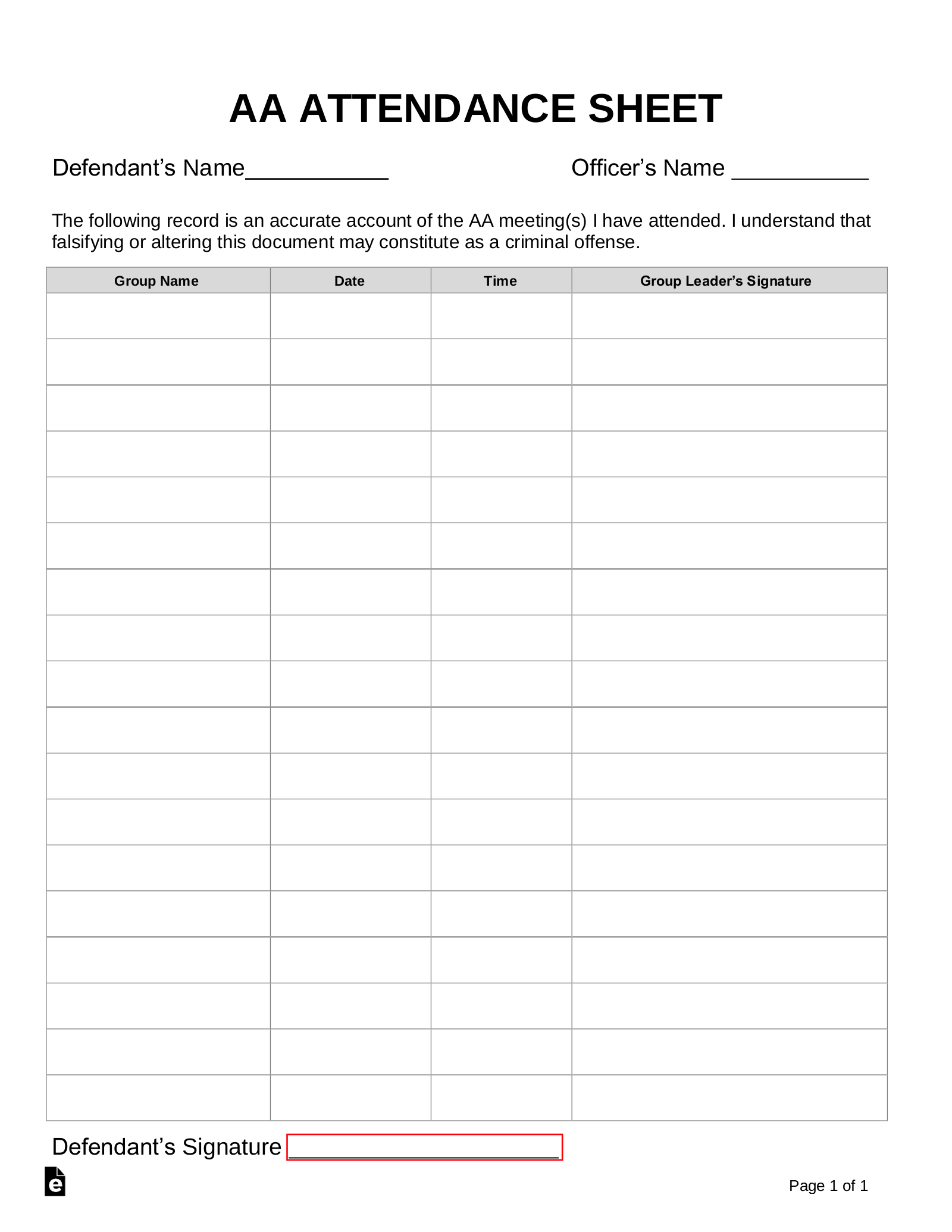 Free Alcoholics Anonymous AA Sign in Attendance Sheet Template PDF 
