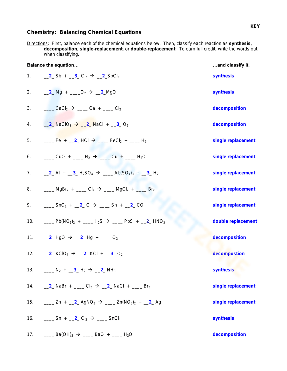 balancing chemical equations worksheet and answer key