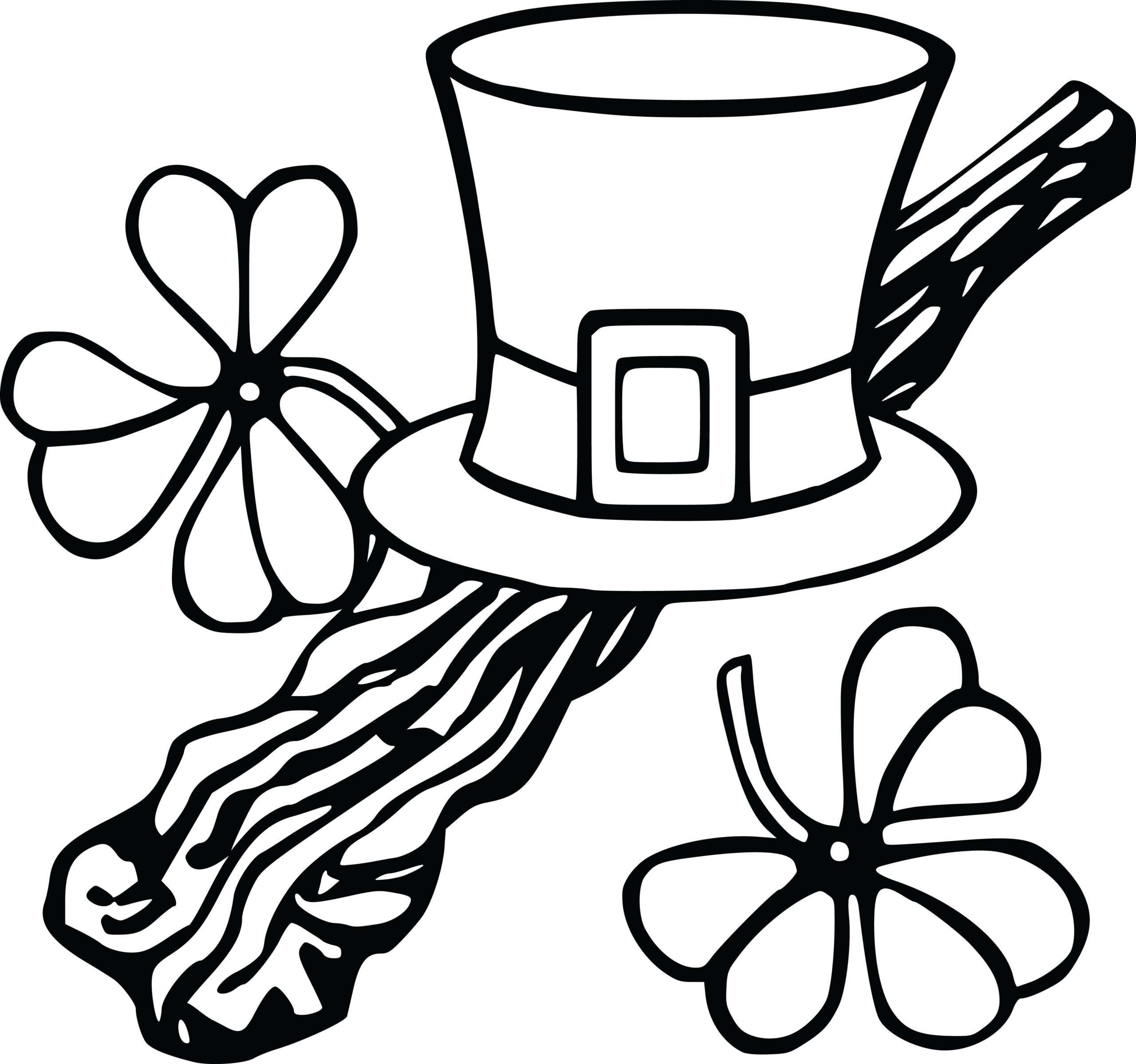 Free Clipart Of A Leprechan Hat And Shamrocks Black And White Coloring 