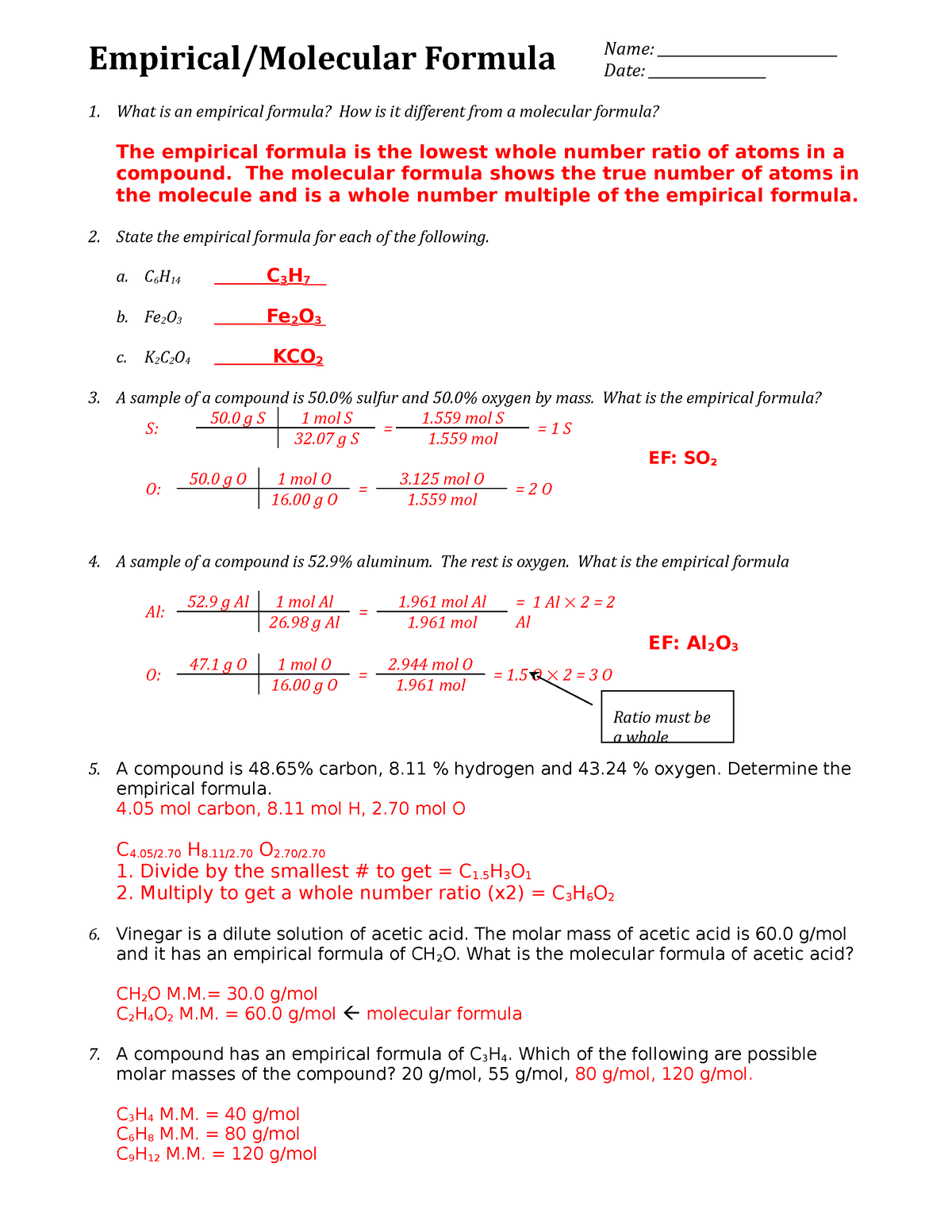 Free Empirical Formula Worksheet Answers Download Free Empirical 