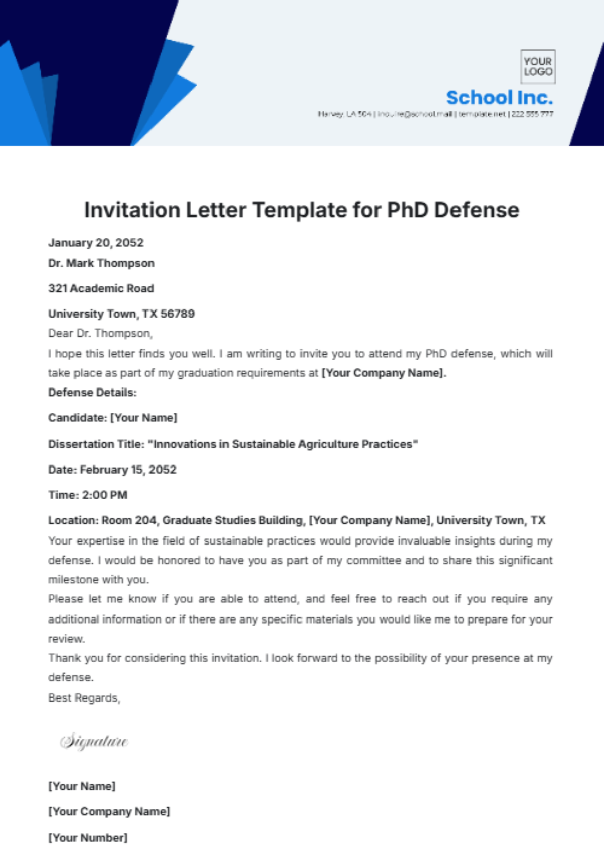 Free Invitation Letter For PhD Defense Template To Edit Online