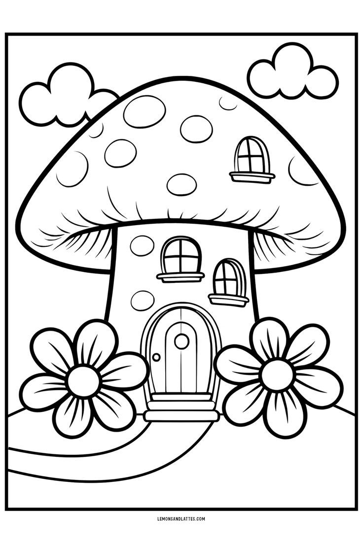 Free Mushroom House Coloring Page With Flowers