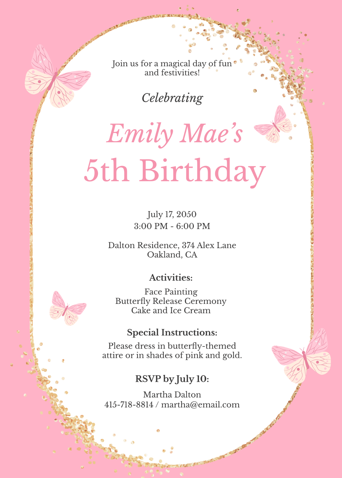 Free Pink And Gold Butterfly Invitation Template To Edit Online