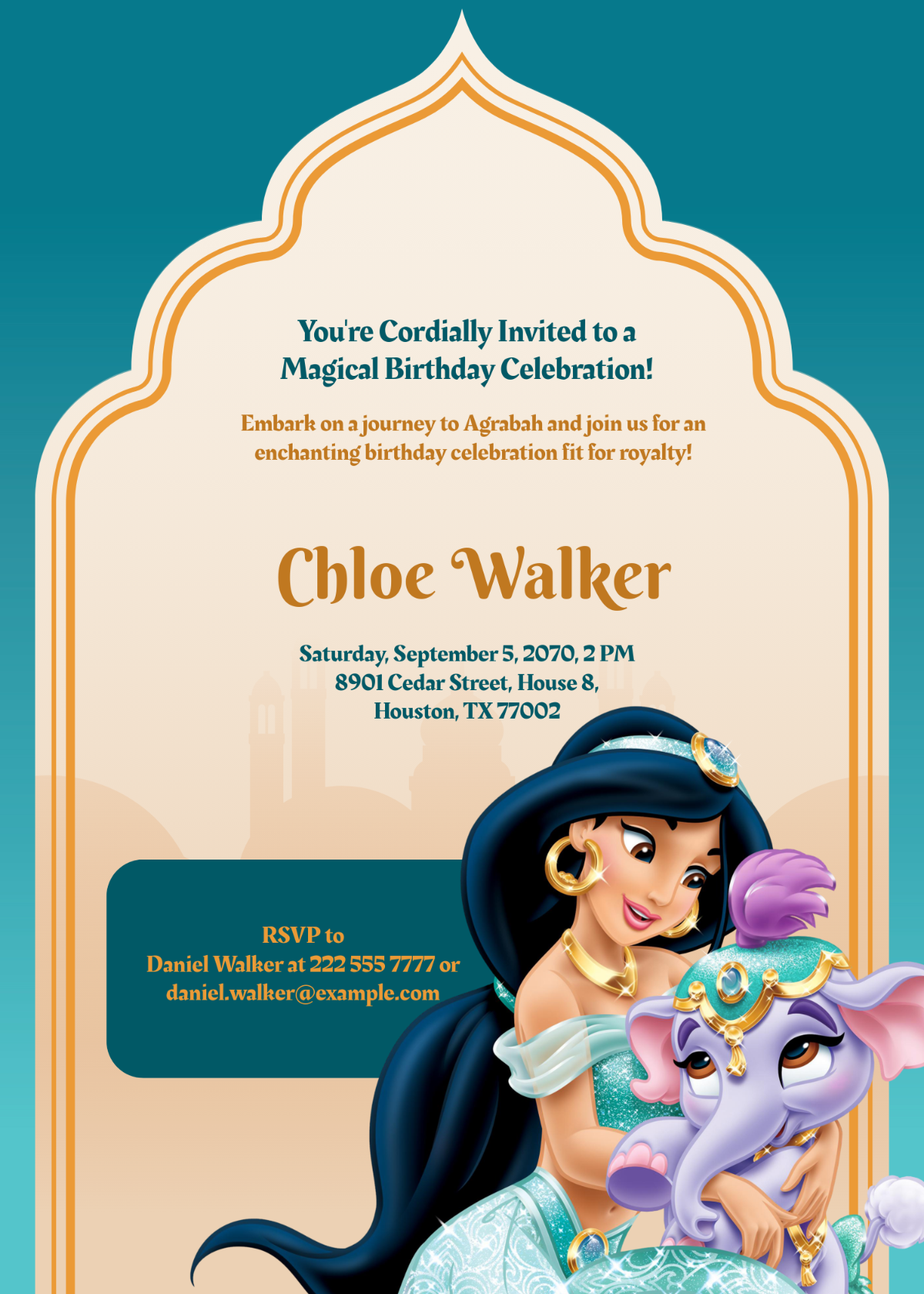 Free Princess Jasmine Birthday Invitation Template To Edit Online