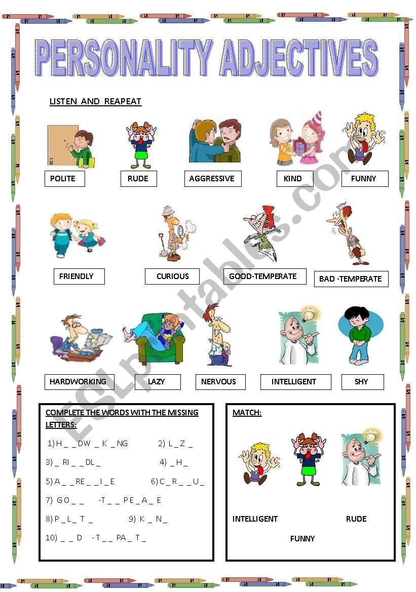 Free Printable Adjective Worksheets Describing Personality Adjectives