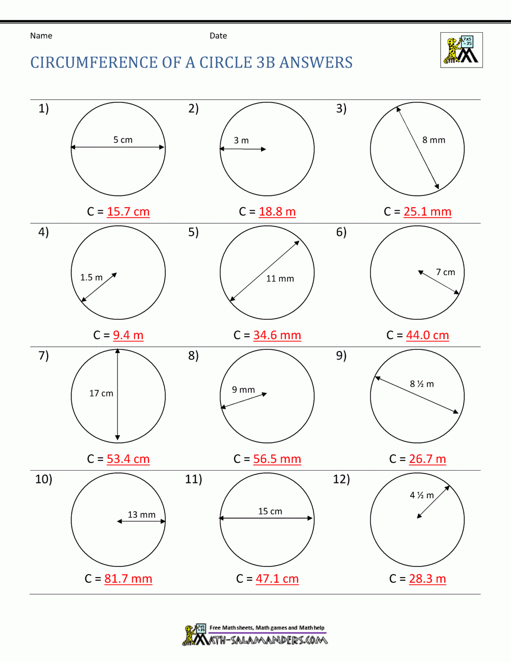 circumference of a circle worksheet with answers pdf