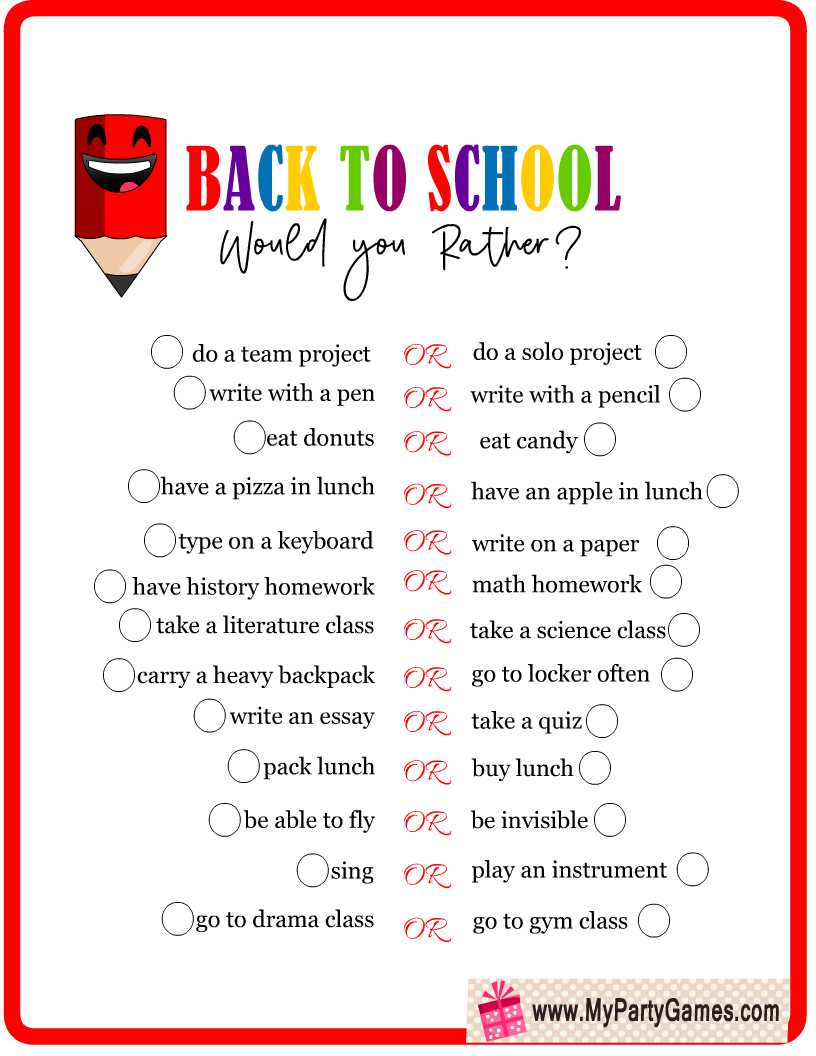 Free Printable Back to School Would You Rather Game