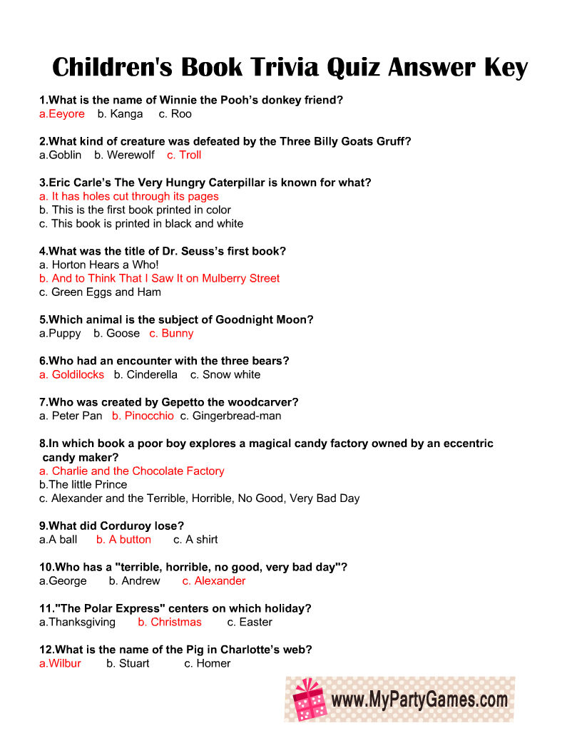Free Printable Children s Books Trivia Quiz Trivia Quiz Quotes From
