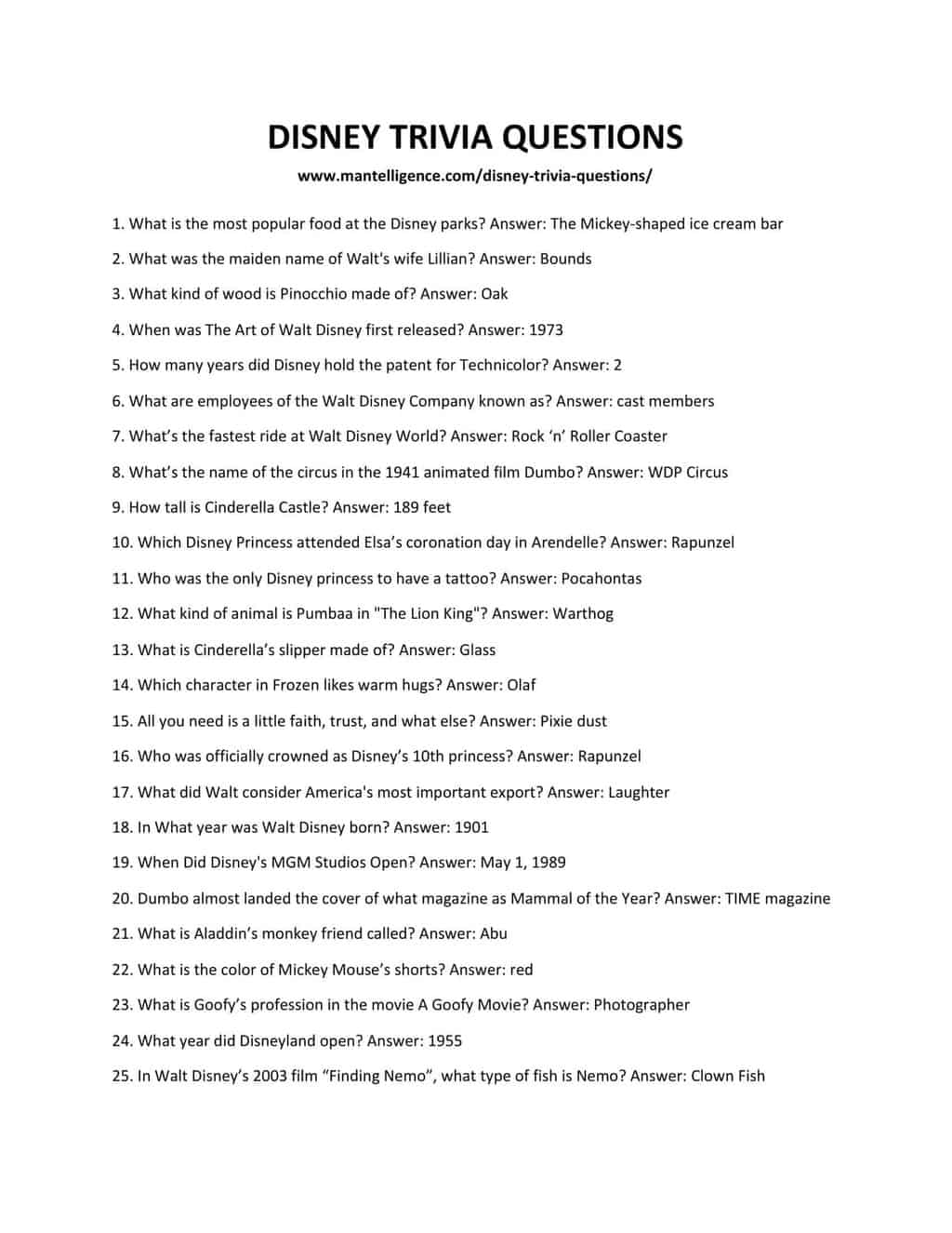 Free Printable Disney Movie Trivia Quiz 52 OFF