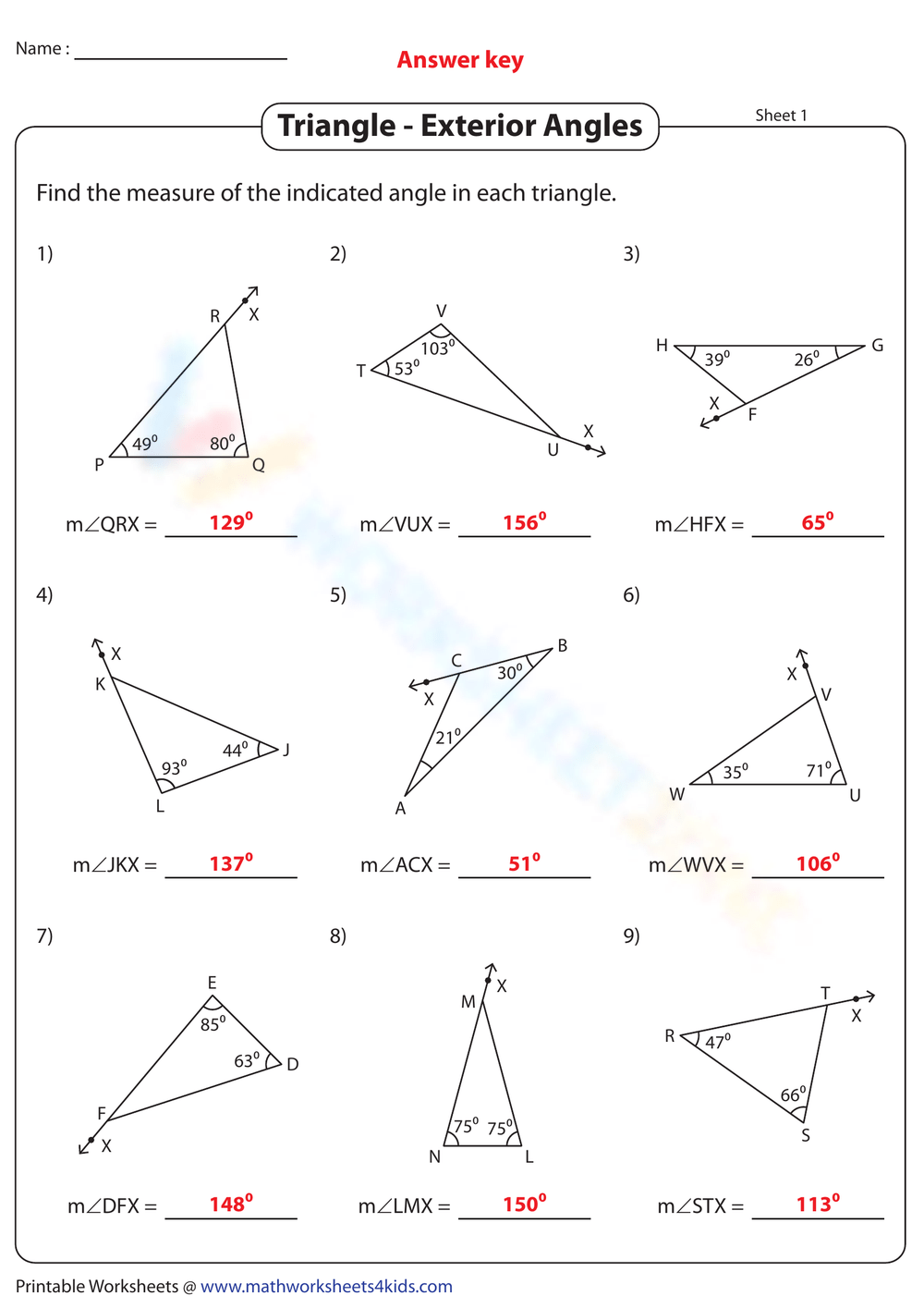 worksheet triangle sum and exterior angle theorem