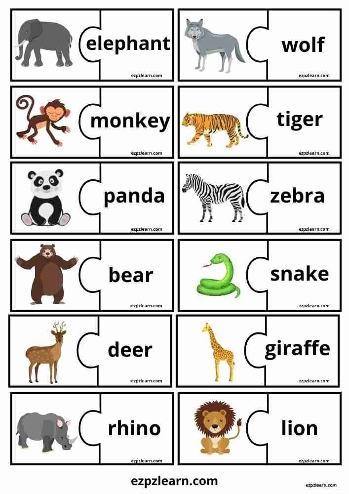 Free Printable Wild Animals Puzzle Match Game For ESL Kids