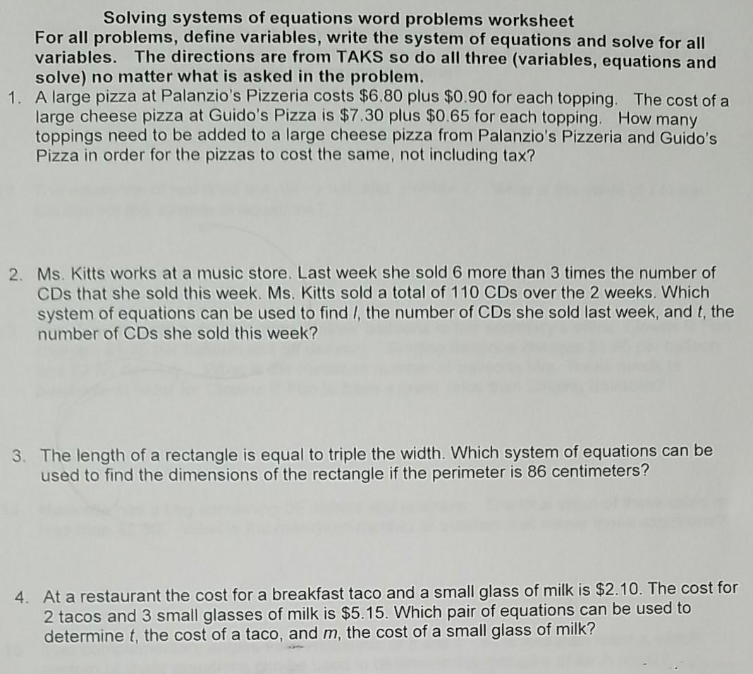 system of equations word problems worksheet