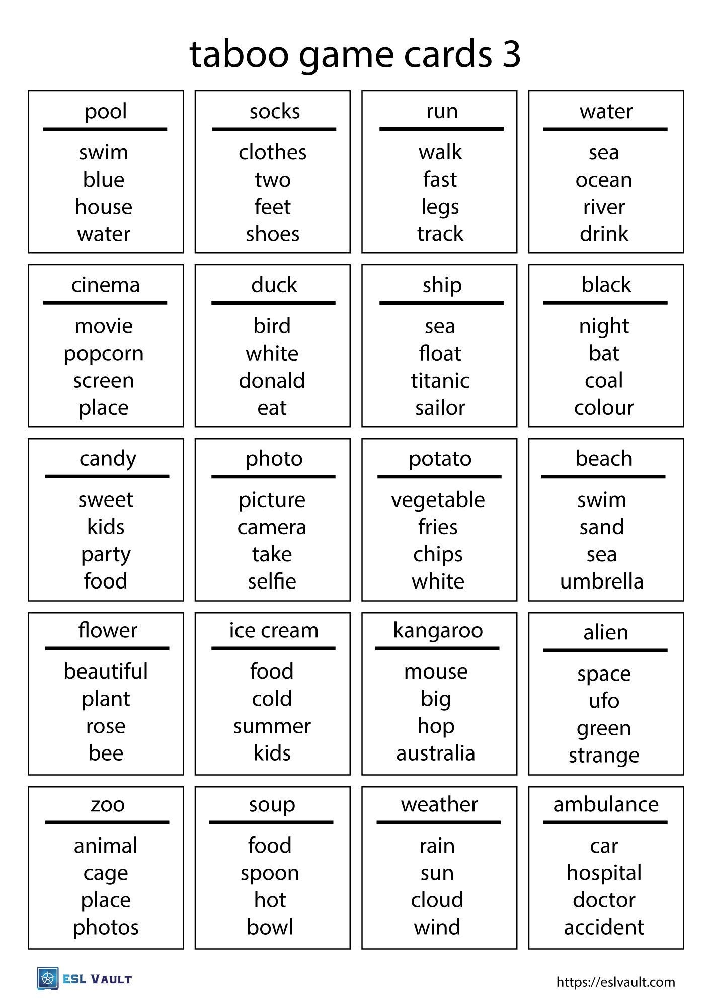 Free Taboo Game Cards Printable PDF