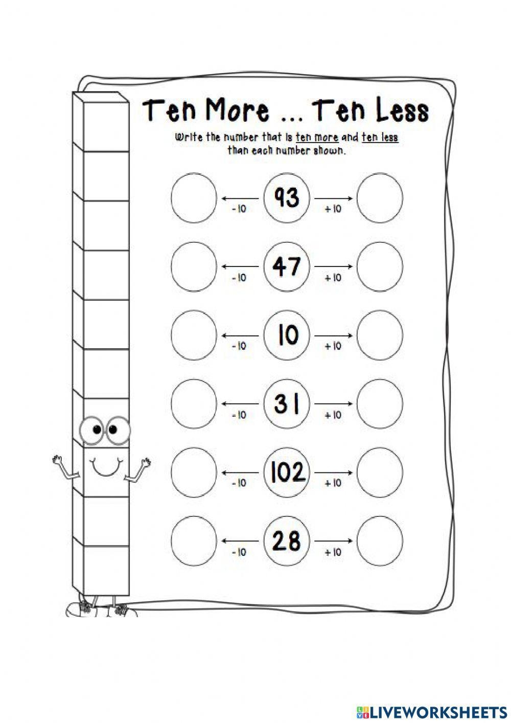 ten more and ten less worksheets