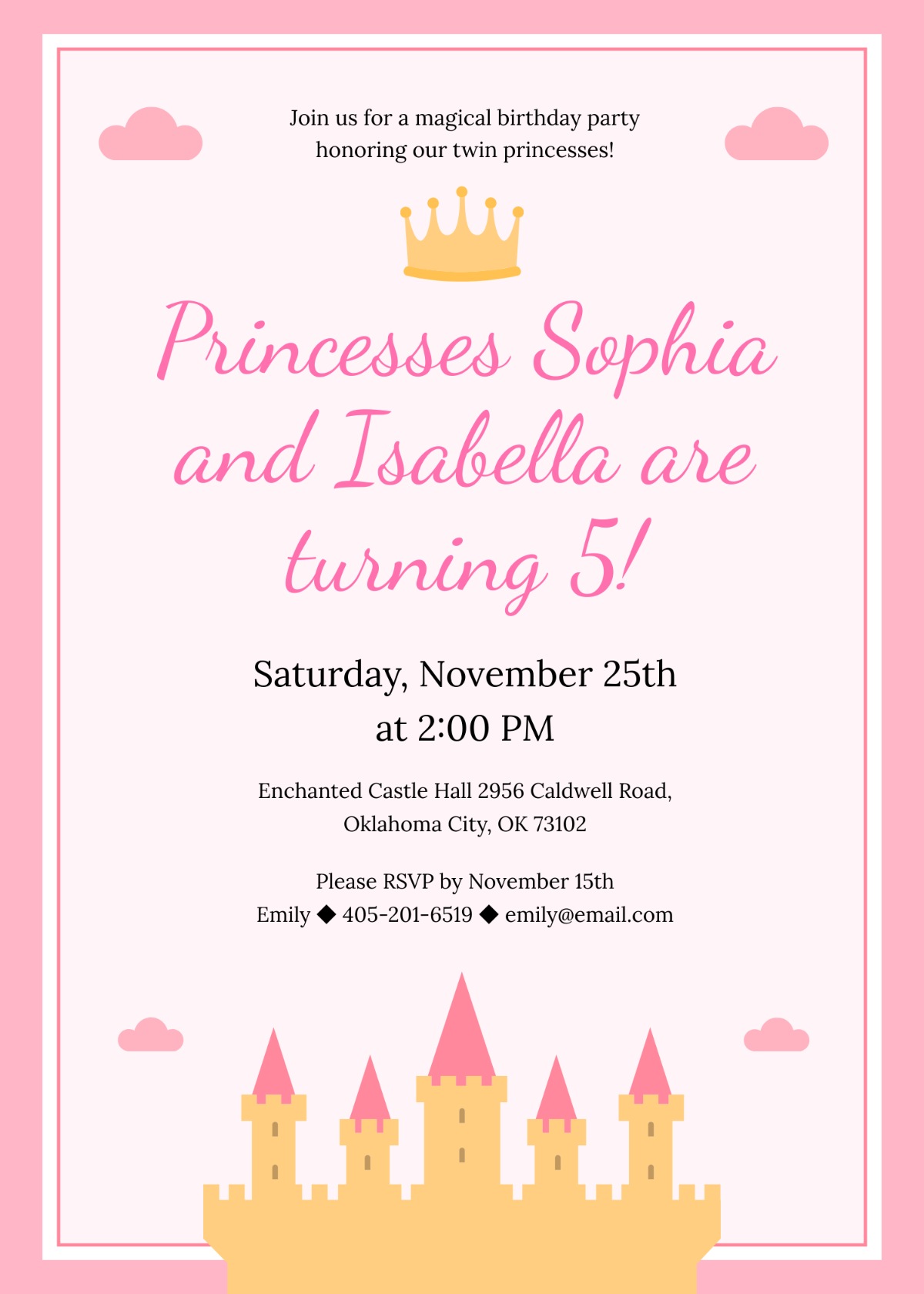 Free Twin Princess Birthday Party Invitation Template To Edit Online