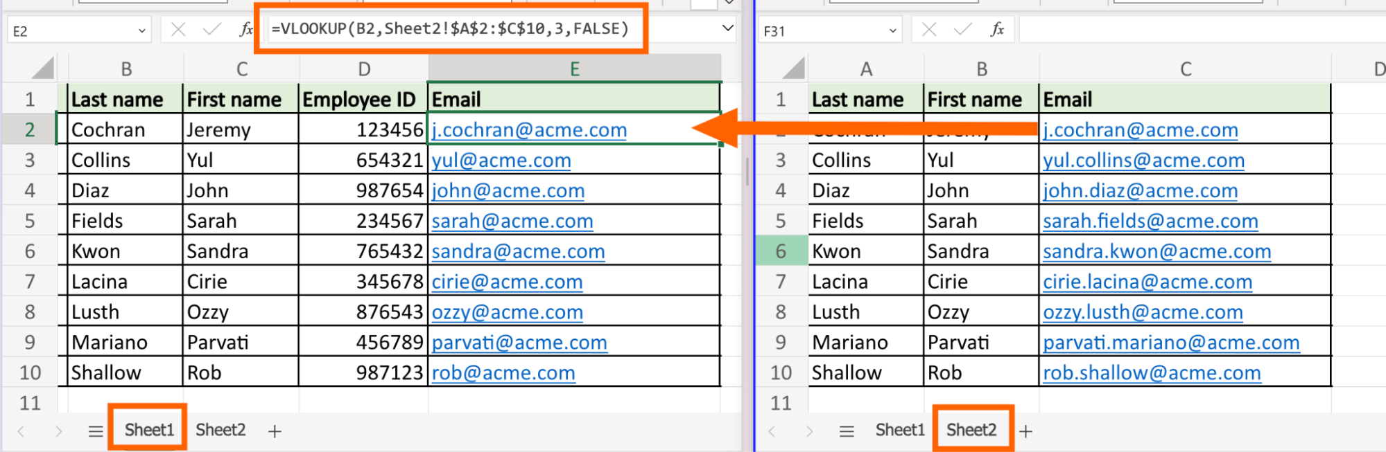 vlookup between 2 worksheets