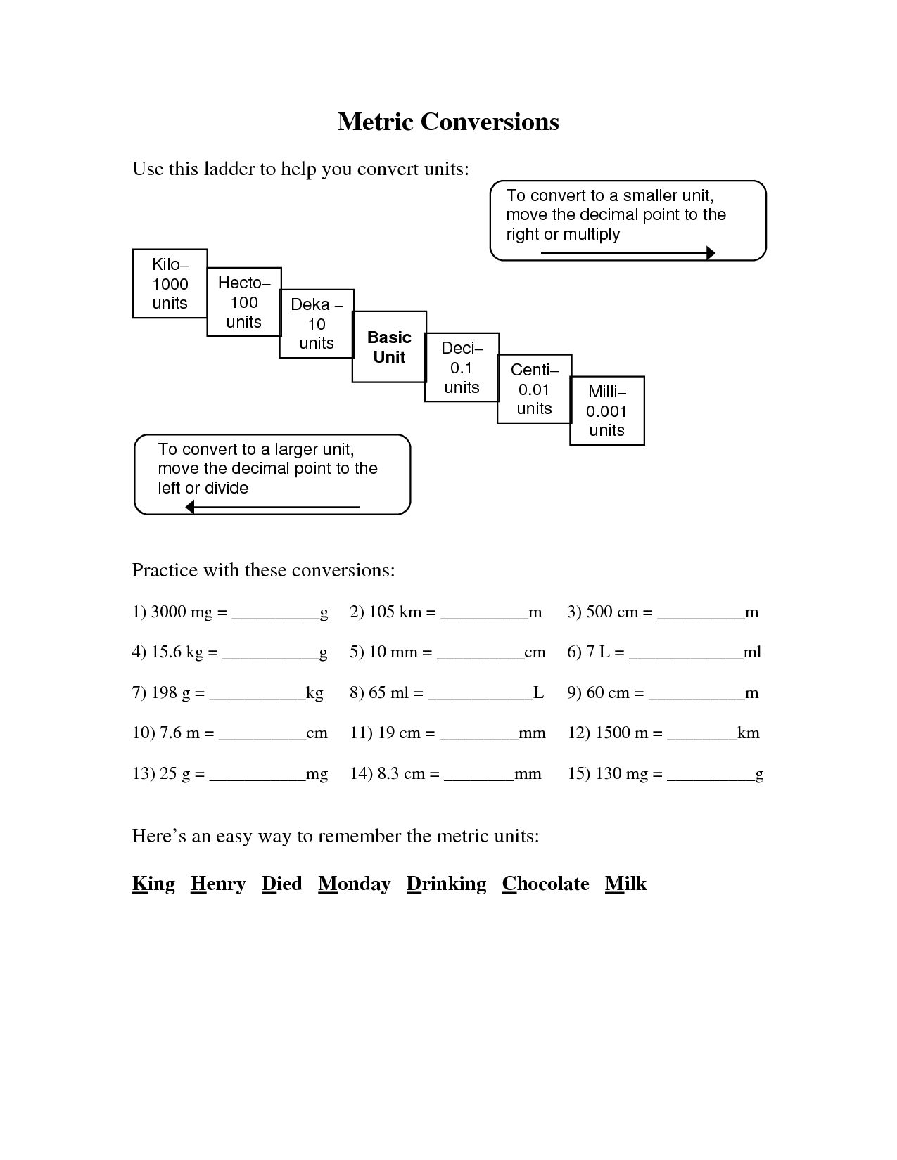 converting in the metric system worksheet