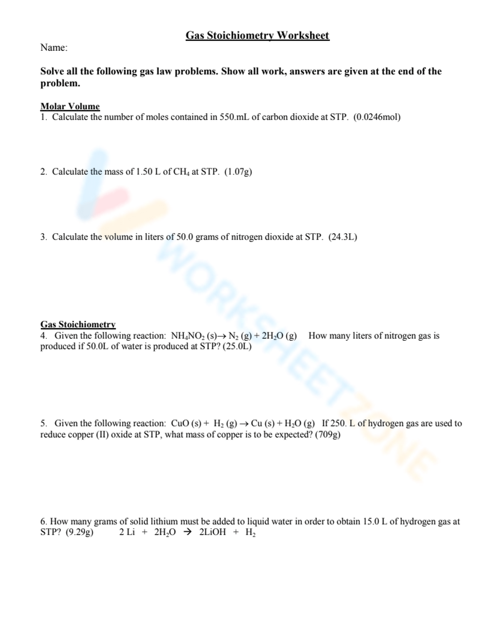 Gas Stoichiometry Worksheet Worksheet Worksheets Library