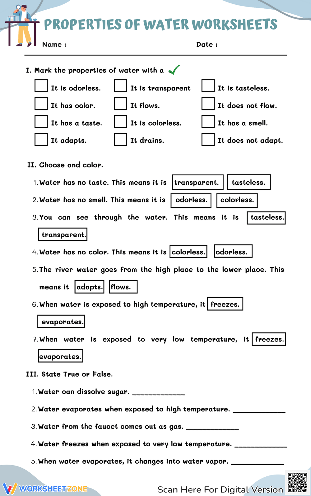 worksheet on properties of water