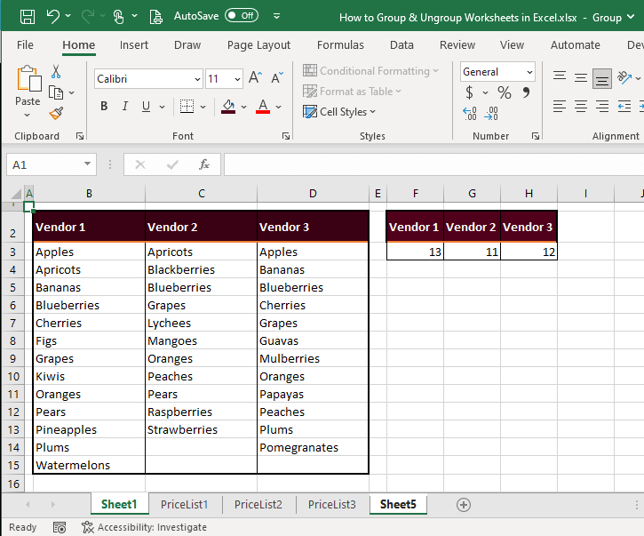 ungroup worksheets in excel