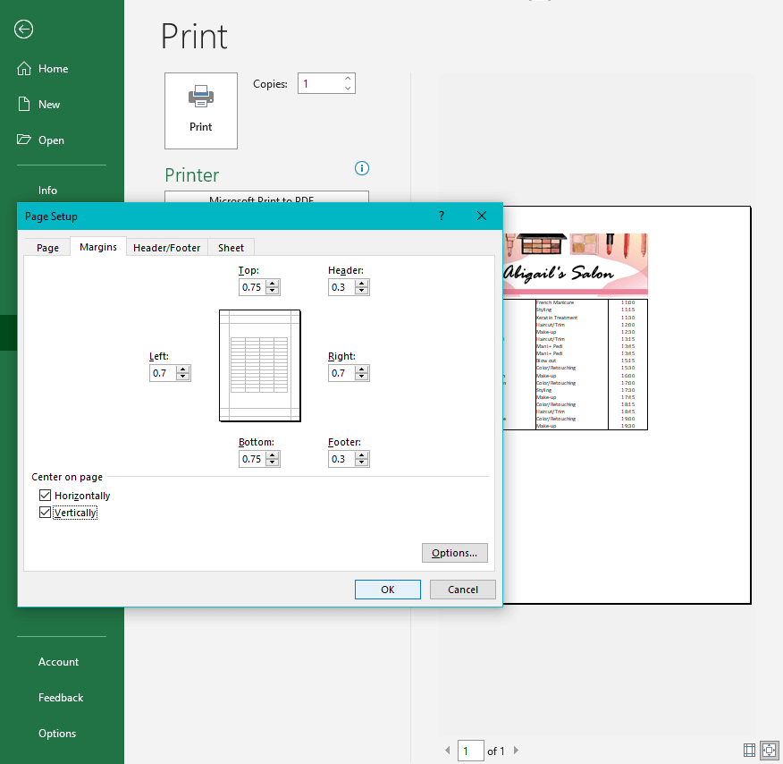 center worksheet horizontally in excel