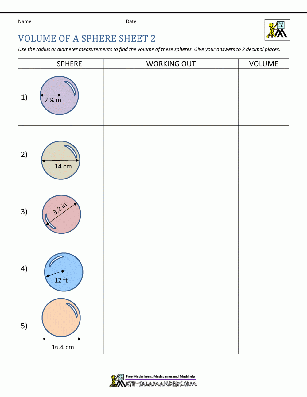 volume of sphere worksheet