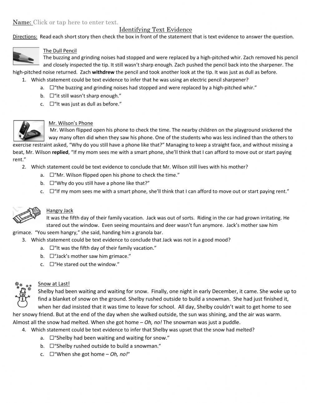 citing textual evidence worksheet