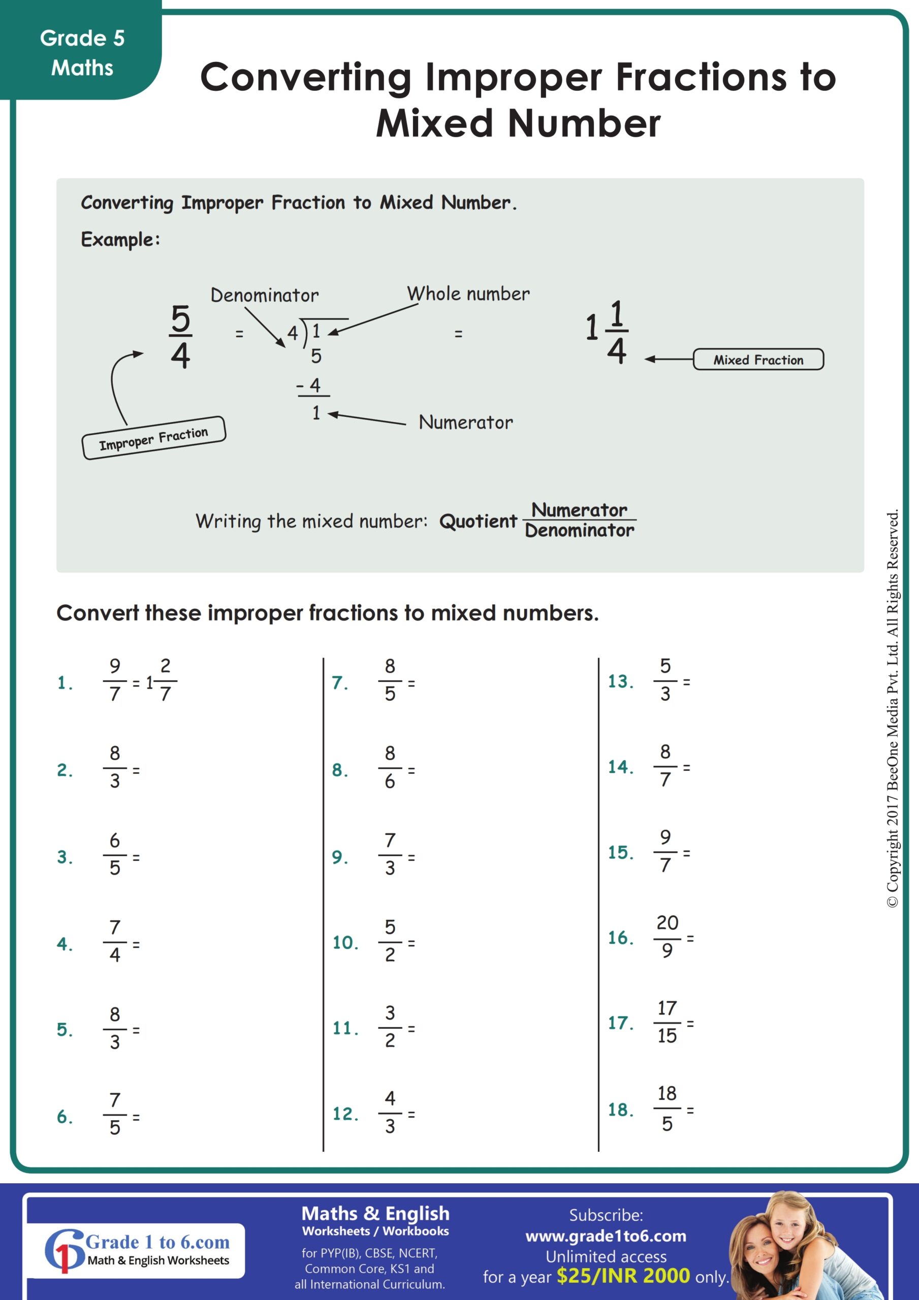 turning improper fractions to mixed numbers worksheet