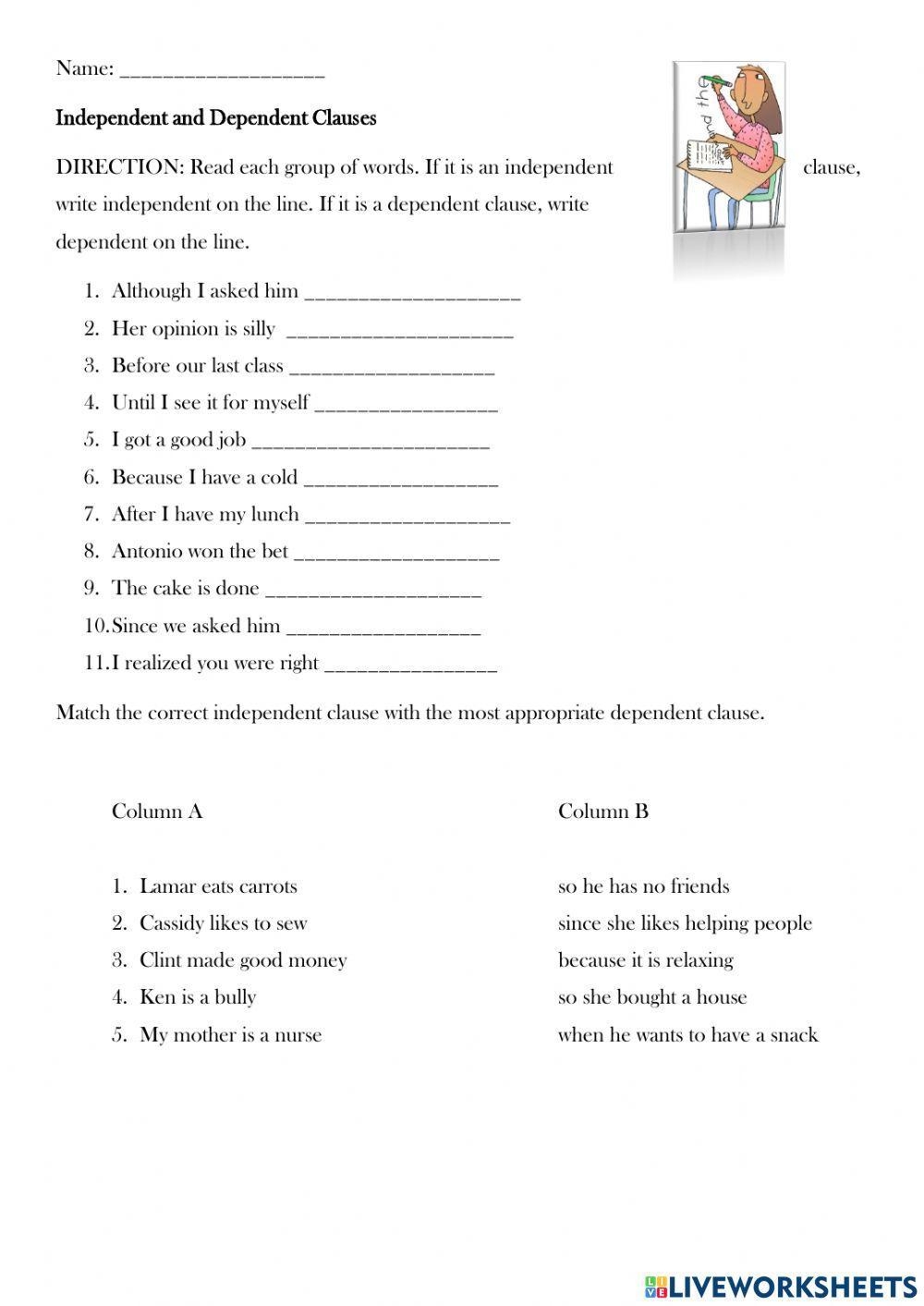 worksheet independent and dependent clauses