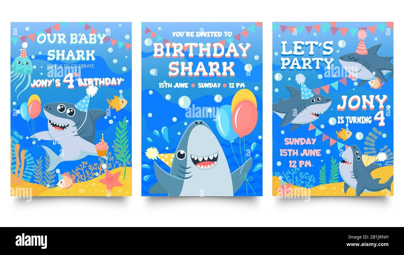 Invitation Card With Cute Sharks Baby Shark Birthday Party Sharks 