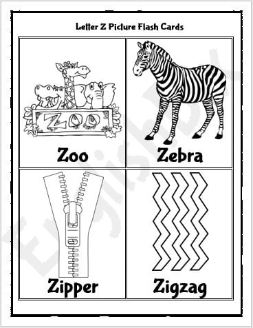 Letter Z Picture Flash Cards Printable EnglishBix