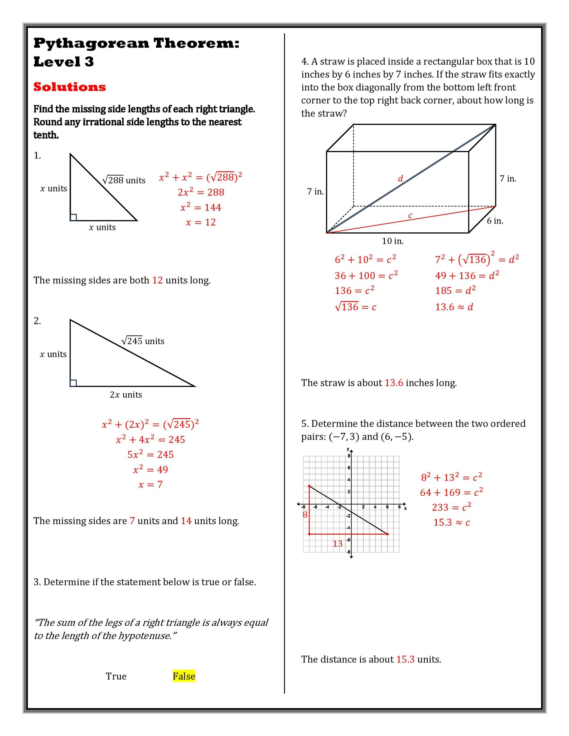worksheets for pythagorean theorem with answers